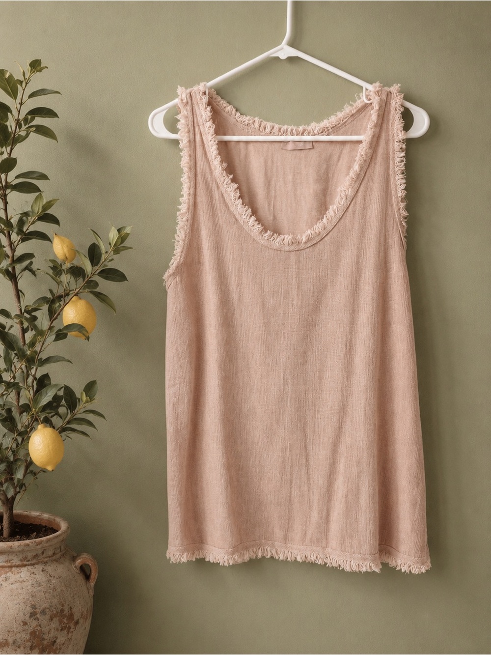 Made in Italy Cotton Linen Frayed Trim Tank Top Blush Pink Boho | M/L